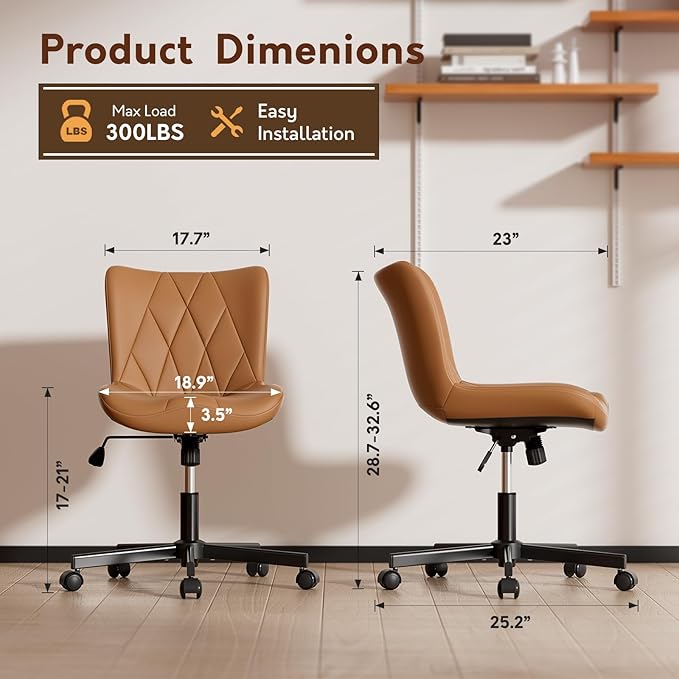 Brown Leather Armless Desk Chair, Soft Ergonomic Cushion, Height Adjustable, Rocking, Home Office