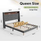 WLIVE Queen Size Upholstered Bed Frame with Storage Headboard, Velvet Square Tufted Platform Bed with Charging Station, Sturdy Metal & Wooden Slats Support, No Box Spring Needed, Grey