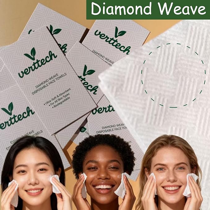 verttech™ Diamond Weave Disposable Face Towels, 50 Count – Extra Large 10"x12", Ultra Absorbent, Dual-Texture Towelette for Skincare, Makeup Remover Towels