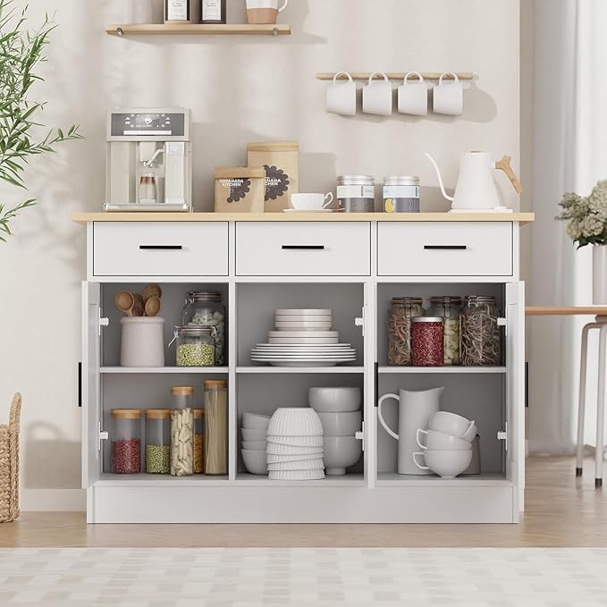 Buffet Cabinet with Storage - Buffets & Sideboards Kitchen Storage Cabinet, Wood Console Table Coffee Bar Accent Cabinets for Living Room Dining Room Entryway Large 3 Doors & Drawers, White 47.2"W