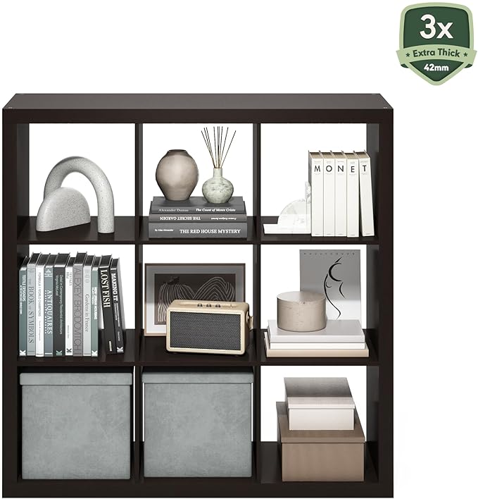 Furinno Cubicle Book Shelf, 9-Cube Bookshelf, Triple Thick Frame Cube Storage Organizer, Bookcase, 15.4 x 43.8 x 43.4, for Home Office, Living Room, Black Oak