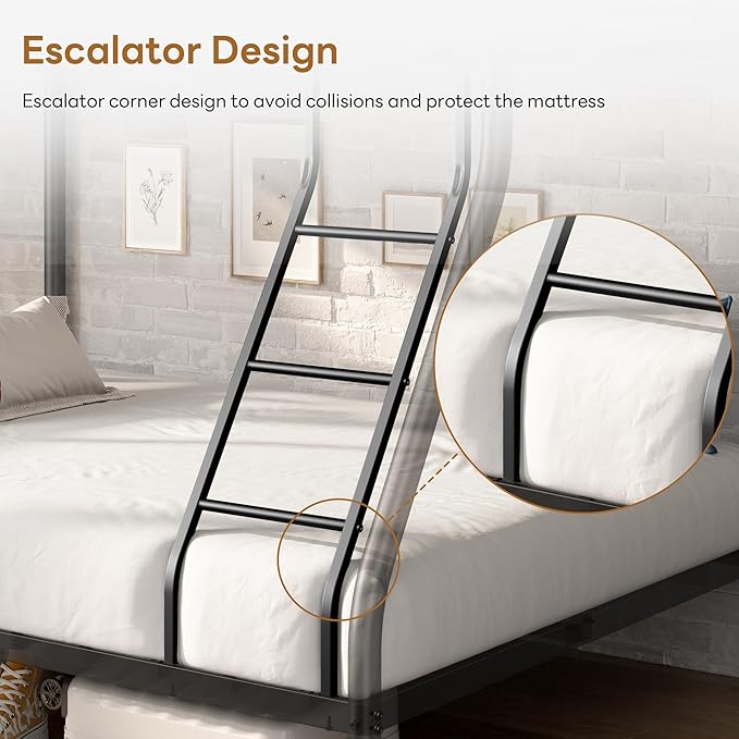 Bellemave Twin Over Full Bunk Bed for Teens, Twin Over Full Bunk Bed Frame with Build in Ladder and Full Length Guardrail, Easy Assemble Bunkbeds, Mattress Not Included, Black