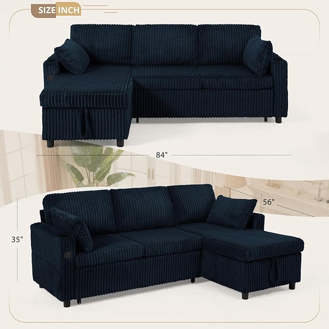 84" Corduroy Pull Out Sofa Bed w/Adjustable Backrests, Sectional L-Shape Sleeper Sofa w/Storage Chaise, Convertible Couch Bed w/USB Charging Port & Cup Holders for Living Room, House, Blue