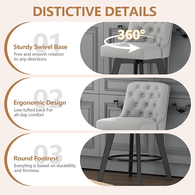 MINCETA Bar Stools Set of 4, PU Leather Barstools, 26 Inch Upholstered Counter Stools with Low Tufted Back and Footrest, Swivel Counter Height Barstools for Kitchen Island Home Bar Light Gray