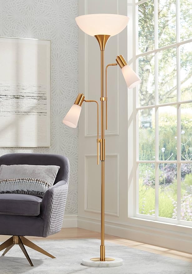 Possini Euro Design Pharos Modern Tree Torchiere Floor Lamp with Side Lights 71" Tall Warm Gold Metal Frosted Glass Shade Decor for Living Room Reading House Bedroom Home Office House