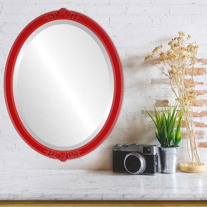 OVALCREST Oval Beveled Wall Mirror for Home Decor - Athena Style - Holiday Red - 26" x 20" Outside Dimensions