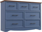 Blue Farmhouse Dresser for Bedroom, Modern 7 Chest of Drawers, 47" Wide Chest of Drawers w/Brushed Metal Handle, Wood Dresser TV Stand and Storage Cabinet for Bedroom, Living Room, Hallway