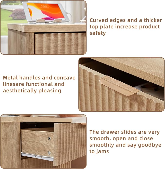 LEYAOYAO 23" Wide Fluted Farmhouse Night Stand Set of 2 with Charging Station, 3 Drawers Large End Table w/Metal Handle, Natural Nightstand Bedside Table,Wood Dresser for Bedroom, Closet