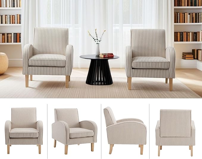 Farmhouse Striped Accent Chairs for Living Room Set of 2, Linen Fabric Modern Comfy Armchairs with Cushion, Upholstered Striped Reading Chairs for Bedroom Couch Chair with Wood Legs, Khaki
