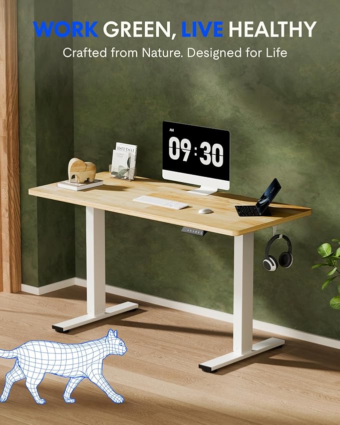 FLEXISPOT EN1 One-Piece Solid Wooden Standing Desk 63 x 24 Inches Height Adjustable Electric Sit Stand Home Office Desks (White Frame + Rubber Wood Top, 2 Packages)