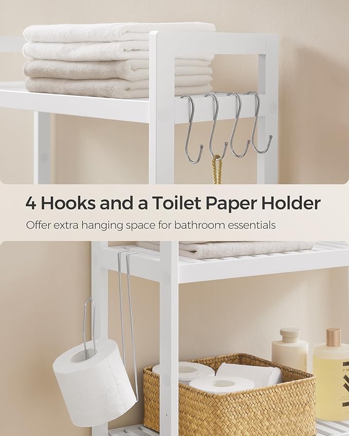 SONGMICS Over The Toilet Storage, 3-Tier Over Toilet Bathroom Organizer with Adjustable Shelf, 10.2 x 24.8 x 66.9 Inches, Space-Saving, Cloud White UBTS01WT