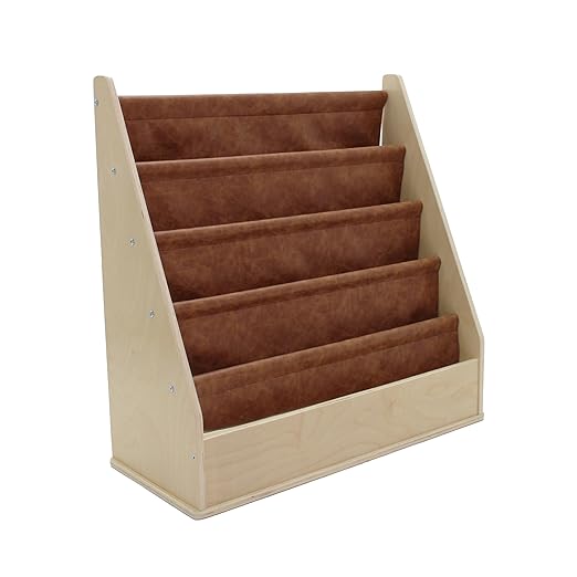 Factory Direct Partners Rustic Kid Birch Sling Book Display; Distressed Faux Leather 4-Shelf Storage for Books or Magazines; Furniture for Bedroom, Playroom, Daycare, Classroom - Hazelnut, 13745-322