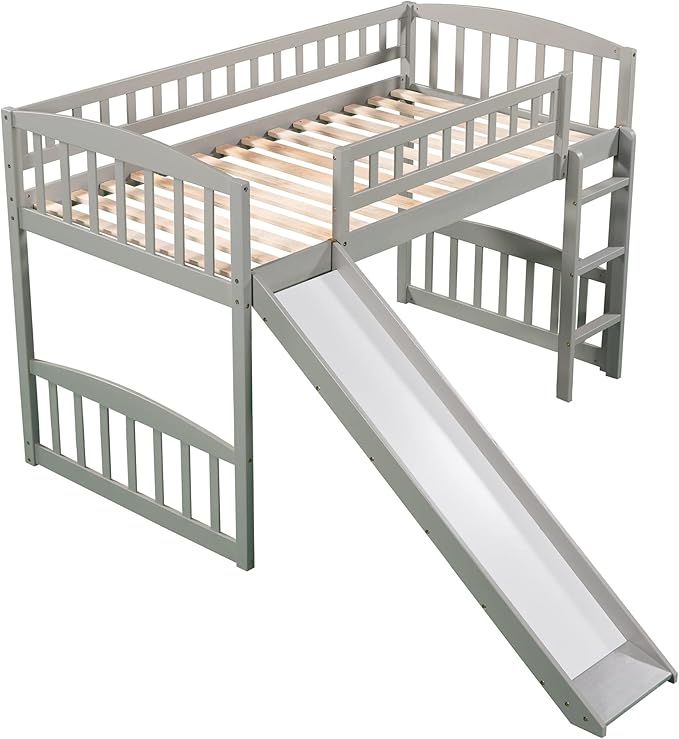 Twin Size Loft Bed with Slide and Ladder,Multifunctional Solid Wood Bed Frame,w/Safety Guardrail & 14 Support Slats,No Box Spring Needed,Easy to Install,for Kids,Teens,Girls,Boys,Grey