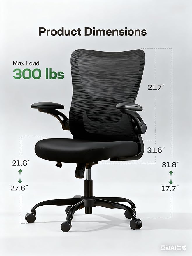 Marsail Ergonomic Office Chair with Adjustable Lumbar Support, 3-Way PU Armrests & Breathable Mesh for Home Office and Gaming