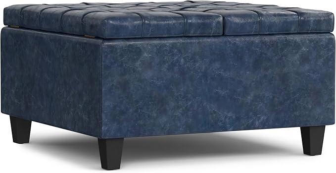 SIMPLIHOME Harrison 30 inch Wide Transitional Square Small Coffee Table Storage Ottoman in Denim Blue Vegan Faux Leather, Assembled, for The Living Room and Bedroom