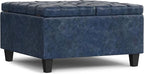 SIMPLIHOME Harrison 30 inch Wide Transitional Square Small Coffee Table Storage Ottoman in Denim Blue Vegan Faux Leather, Assembled, for The Living Room and Bedroom