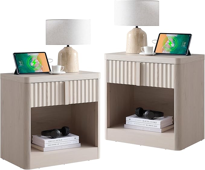 Fluted Nightstand Set of 2 with Charging Station, 23.6" End Table with Open Shelf and Drawers Storage, Bedside Table with Solid Wood Handle, Curved Profile Design, Night Stand for Bedroom