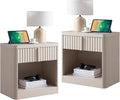 Fluted Nightstand Set of 2 with Charging Station, 23.6" End Table with Open Shelf and Drawers Storage, Bedside Table with Solid Wood Handle, Curved Profile Design, Night Stand for Bedroom