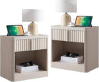 Fluted Nightstand Set of 2 with Charging Station, 23.6" End Table with Open Shelf and Drawers Storage, Bedside Table with Solid Wood Handle, Curved Profile Design, Night Stand for Bedroom