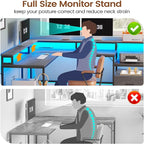 SEDETA L Shaped Desk, 66" Home Office Desk with Wood File Drawer & Power Outlet, Gaming Desk with Led Lights, Corner Computer Desk with Monitor Shelf, Printer Storage Shelves, Two Person Desk, Grey