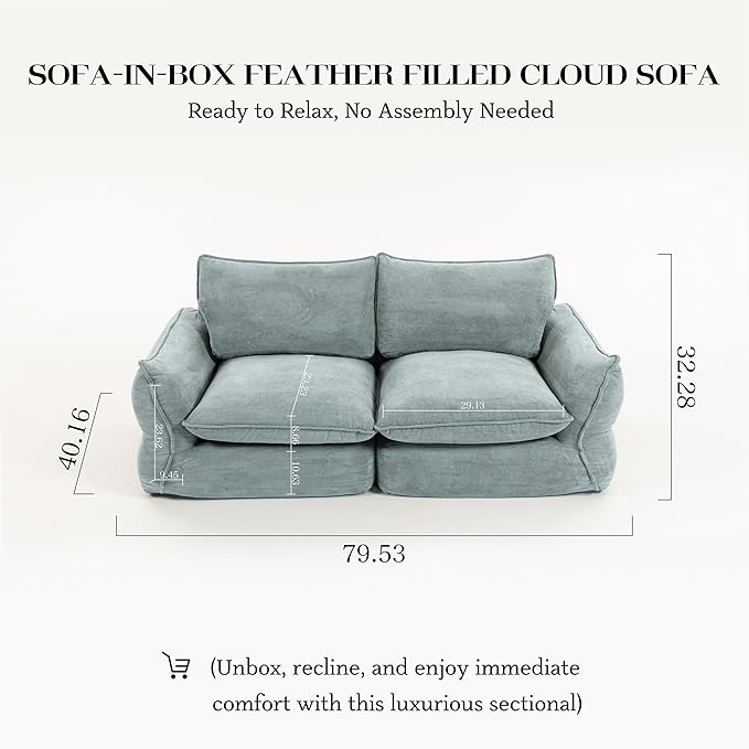 81'' Down Blend Loveseat, Deep Seat Cloud Sofa with Feather-Filled Cushions, Ultra Soft Sink-in Comfort Couch for Living Room, Modern Oversized Sofa – Sky Fog Blue