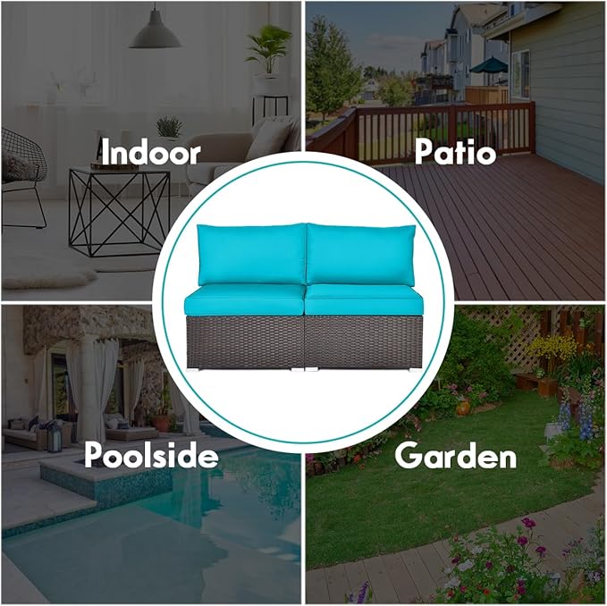 COSTWAY 2PCS PE Rattan Armless Sofa, Wicker Patio Conversation Set Chairs with Soft Cushion, Outdoor Sectional Furniture for Yard, Poolside (Turquoise)