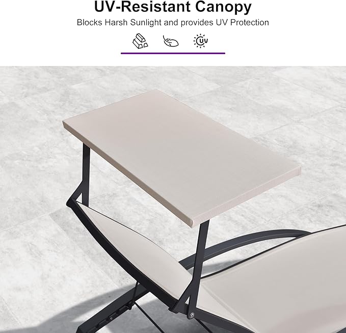 PURPLE LEAF Patio Lounge Chair with Canopy Shade Outdoor Chaise Lounge Chair Set of 2 for Lawn Poolside Backyard Sunbathing Tanning Chairs with Arm Beige