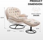 Set of 2 360° Swivel Modern Velvet Accent Chair with Ottoman | Mid-Century Button Tufted Lounge Chair for Living Room & Bedroom, Beige