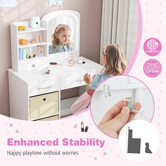 GLACER Kids Vanity Table and Chair Set, Princess Makeup Vanity Desk with 5 Drawers, Open Shelves, Mirror, 2-Color LED Lights, Wooden Toddler Vanity, Pretend Play Vanity Set for Little Girls (White)
