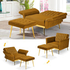 Velvet Accent Chair with Adjustable Armrests and Backrest, Button Tufted Lounge Chair, Single Recliner Armchair with Ottoman and Pillow for Living Room, Bedroom, Ginger