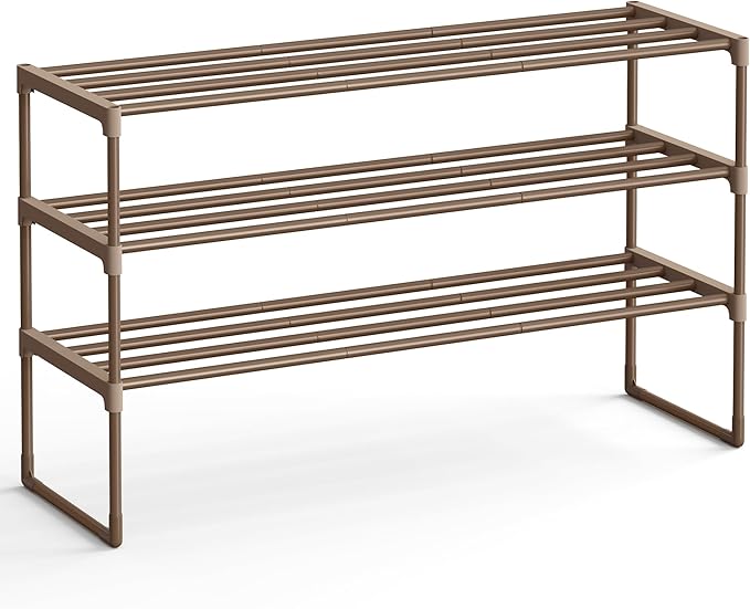 SONGMICS Shoe Rack, 3-Tier Shoe Organizer, Metal Storage Shelf, Upright or Upside Down, for 16-20 Pairs, Stackable, for Entryway, 11.8 x 36.2 x 21.7 Inches, Walnut Brown ULSA303K01