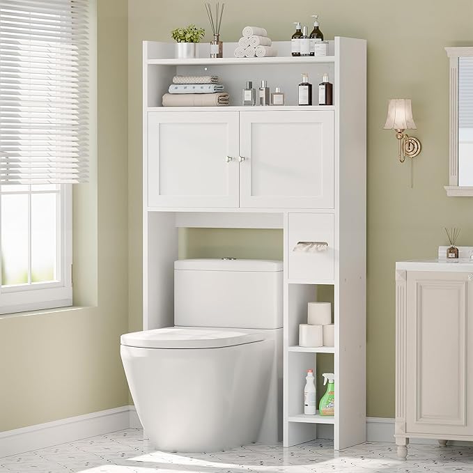 MU Over The Toilet Storage Cabinet with Doors, 32" Bathroom Storage Organizer with Side Shelves, Space-Saving Toilet Storage Rack for Bathroom, Laundry (White)