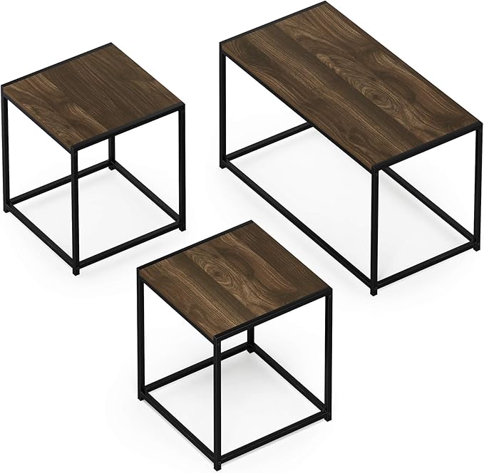 Furinno Camus Modern Living Room Coffee Table with 2 End Tables Set, Columbia Walnut