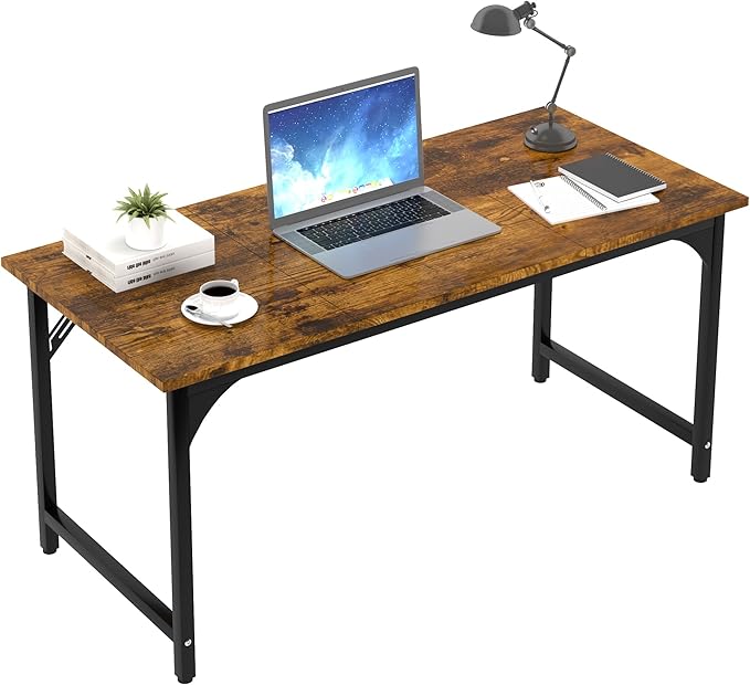 AZN Computer Desk, 55in Computer Desk, Office Desk w/Metal Frame, Office Desk w/Water-Resistant, Scratchproof Surface, Home Office Desks w/Large Legroom for Work Study Writing Gaming, Rustic Brown
