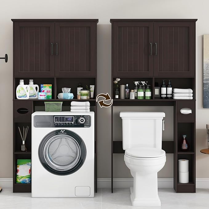 Vabches Over The Toilet Storage Cabinet, Farmhouse Storage Cabinet Over Toilet with Barn Door& Toilet Paper Holder Stand，Home Space-Saving Toilet Rack, for Bathroom, Restroom, Laundry.(Walnut)