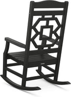 Martha Stewart by POLYWOOD Chinoiserie 3-Piece Outdoor Rocking Chair Set with Patio Side Table, Black, HDPE All-Weather Furniture, Classic Porch Rockers for Deck, Garden & Backyard, Made in The USA