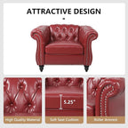 2 Piece Living Room Sofa Set, 3 Seater Faux Leather Sofa Couch and Chair Set, Mid Century Modern Upholstered Couch with Cushions, Comfy Tufted Chesterfield Couches for Bedroom, Office (Wine Red)