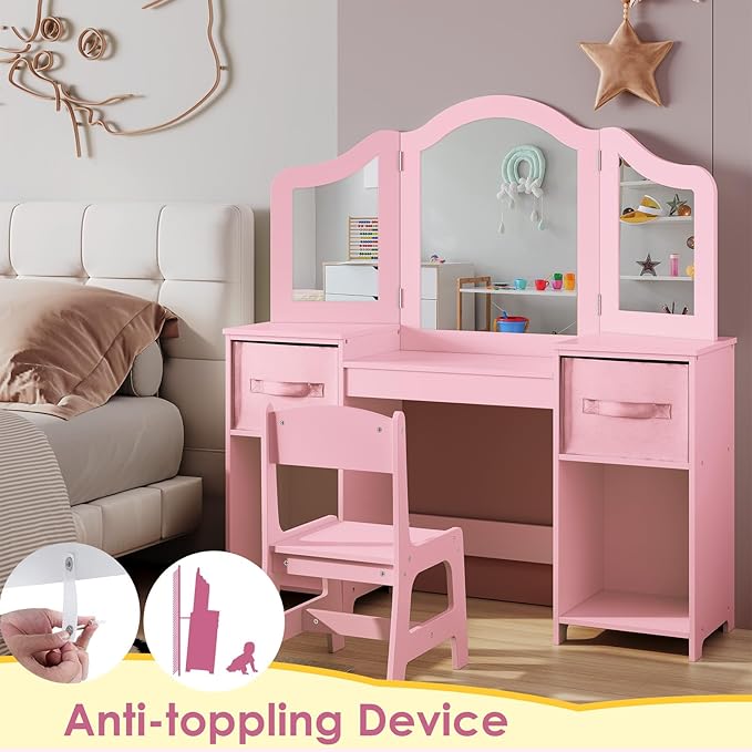 Arlopu Kids Vanity Set, 2 in 1 Toddler Makeup Dressing Table and Chair Set w/Detachable Tri-fold Mirror, Open Shelves, Princess Wooden Pretend Play Desk Furniture Toy for Little Girl (Pink)