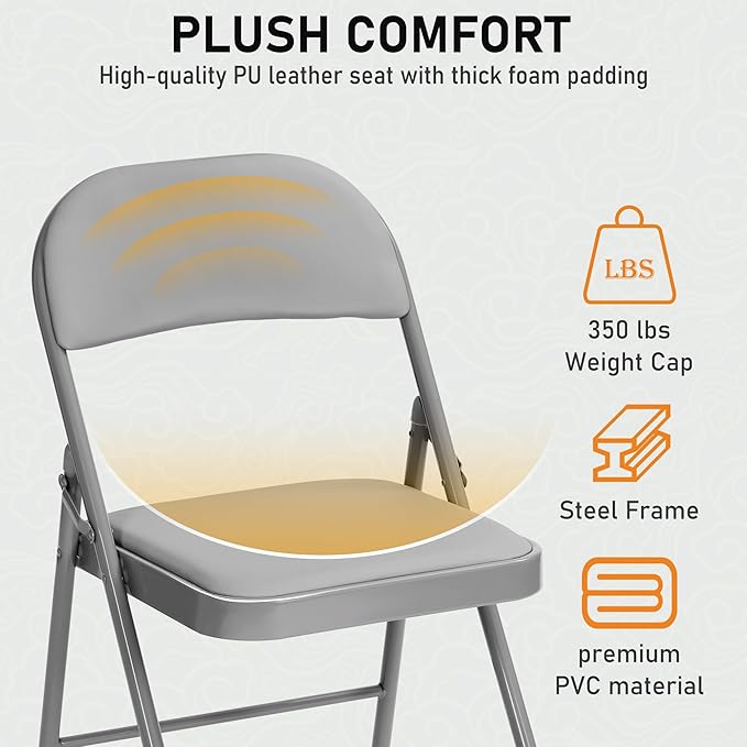 SEALAMB 30 Pack Grey Folding Chairs with Padded Seats & Cushion, Durable Metal Foldable Chairs for Wedding Party, Commercial Chairs for Office School Church Events, 330lb Capacity (Grey-PU, 30 Pack)