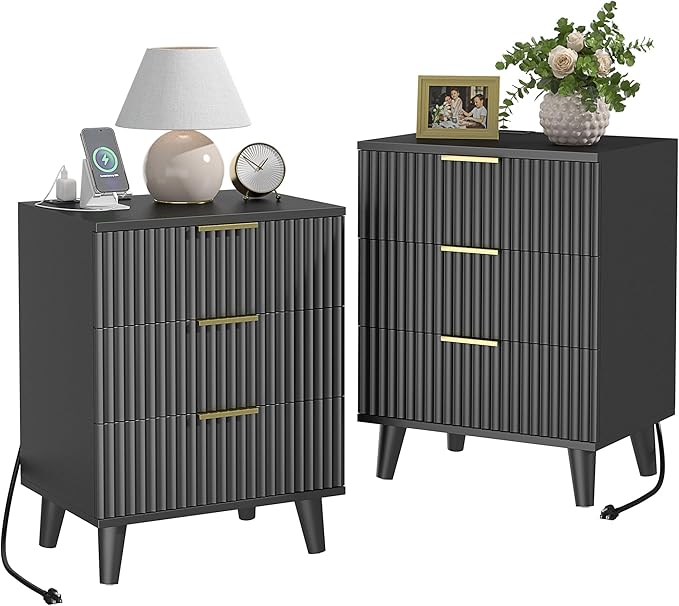 Lulive Wood Nightstand Set of 2 Fluted Dresser for Bedroom 3 Drawers Night Stand with Charging Station, Storage Modern Side Table Black