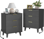 Lulive Wood Nightstand Set of 2 Fluted Dresser for Bedroom 3 Drawers Night Stand with Charging Station, Storage Modern Side Table Black