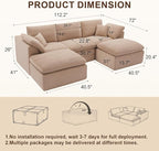 112" Cloud Sectional Couch, Boneless Couches for Living Room, U Shaped Couch with Convertible Ottoman, Modular Sectional Sofa with Deep Seat, Comfy Soft Cushions, No Assembly, Camel