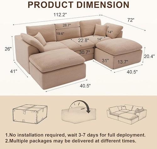 112" Cloud Sectional Couch, Boneless Couches for Living Room, U Shaped Couch with Convertible Ottoman, Modular Sectional Sofa with Deep Seat, Comfy Soft Cushions, No Assembly, Camel
