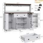 Hutch Storage Buffet Cabinet with Drawers, and Charging Station, Coffee Bar Cabinet with Barn Doors, Wine Rack and Hooks, White Wood Sideboard Buffet for Kitchen, Dining Room, 47.8" High