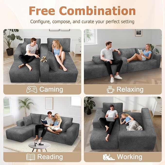 108” Cloud Sectional Couch, Modular Sectional Sofa with Deep Seat, Corduroy Boneless Couches with Chaise for Living Room Bedroom, No Assembly Required