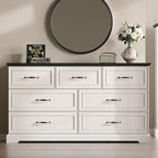 Farmhouse 7 Drawers Dresser for Bedroom, 57" Wide Modern Chest of Drawers with Deep Drawers & Bar Handles, Rustic Wood Dresser TV Stand, Wooden Closet Storage Organizer for Living Room, Hallway, White
