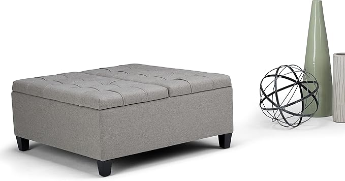 SIMPLIHOME Harrison 36 inch Wide Transitional Square Coffee Table Storage Ottoman in Dove Grey Linen Look Fabric, Assembled, for the Living Room and Bedroom