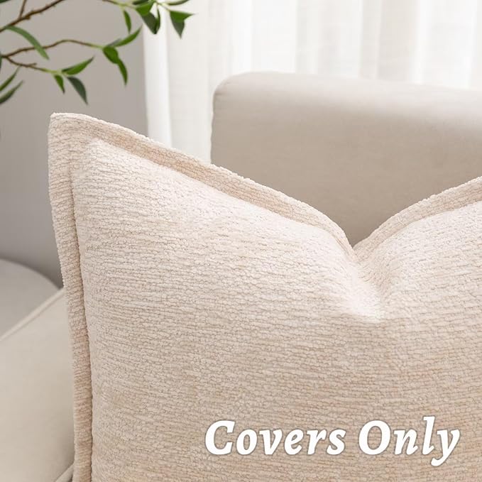 Beige Decorative Throw Pillow Covers 24x24 Inch Set of 2 Cozy Soild Chenille Cushion Cases Soft Textured Square Couch Pillows Cover Boho Accent Farmhouse Pillowcases for Sofa Bed