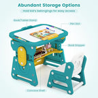 INFANS Kids Adjustable Table & Chair Set with Drawing Board for 3+, Toddler Activity Desk for Drawing with Storage Shelf, Non-Slip Pads, Watercolor Pens & Eraser, Indoor Art/Study Furniture (Green)