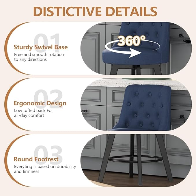 MINCETA Set of 4 Upholstered Bar Stools - 26 Inch Swivel Counter Height Stools with Low Tufted Back, Footrest & Performance Fabric - Round Seat for Kitchen Island & Home Bar Blue